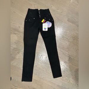 Colombian butt-lifting skinny jeans black high elastic waist tush push size 11